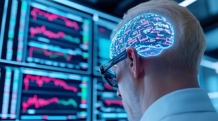 Poster - Businessman engaged with brain-computer interface, analyzing real-time probabilities in AI-driven simulation of worldwide financial markets, data-driven decision-making in action