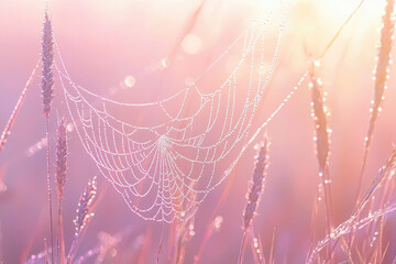 Aufkleber - Dew-kissed spiderweb glistening in the soft morning sunlight amongst pink wildflowers.