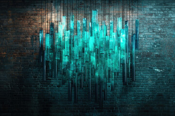 Poster - Abstract teal glass cityscape hanging art installation against a dark brick wall.