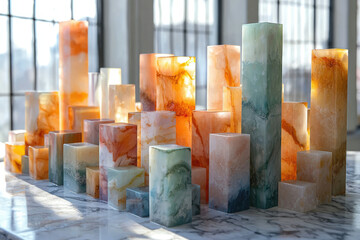 Aufkleber - An abstract cityscape crafted from translucent onyx blocks in varying heights and warm, earthy tones.