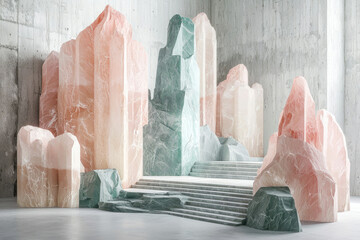 Poster - A majestic staircase constructed from large, pale pink and green marble crystals in a concrete room.