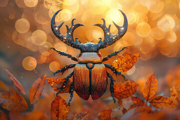 Poster - A majestic beetle with ornate antlers, adorned with autumnal colors, rests amidst golden bokeh.