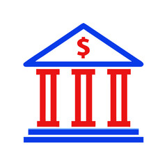 Poster - Bank building icon with dollar sign in red and blue  