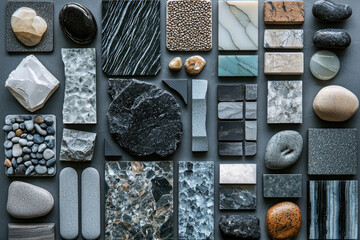 Poster - A collection of various stones and rocks in different shapes, sizes, and textures, arranged on a gray background.