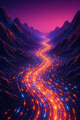 Poster - Colorful glowing data streams flow through a vibrant digital mountain valley at sunset, creating a stunning and futuristic landscape filled with dynamic light trails and energy
