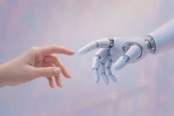 Poster - Human hand reaching out to almost touch a robotic hand against a blurred digital background, illustrating the connection between humanity and future technology