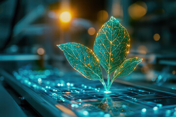 Poster - Glowing plant sprout emerges from a technological circuit board, symbolizing bio-technology and sustainable innovation.