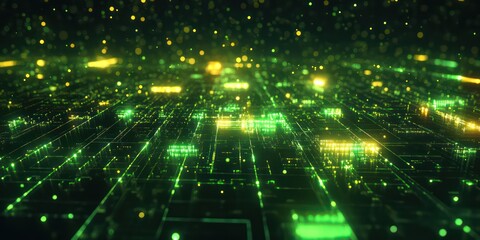 Poster - abstract circuit board illuminated with green and yellow lights. A futuristic digital landscape that has various connecting lines and components, creating an aura of advanced technology.