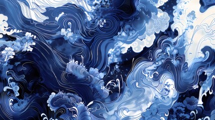 Poster - Abstract Artistic Fluid Painting with Dark Blue Waves and White Clouds with Smooth Digital Texture