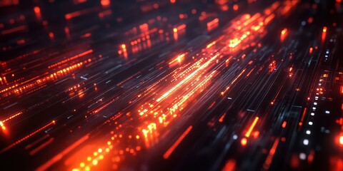 Poster - a digital data flow with illuminated red light streams, symbolizing speed, data transfer, and technological advancement