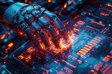 Poster - A robotic hand interacts with a glowing circuit board, symbolizing advanced technology and artificial intelligence.