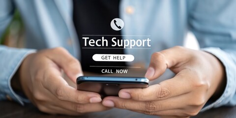 Poster - Tech Support services assistance concept, customer care and helpline. The focus is on the phone icon on a smartphone screen. It's ideal for illustrating technology assistance.