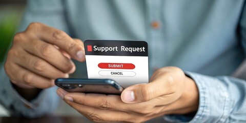 Poster - A person holding a mobile phone that showing support request form. The person's hands holding the device with a focused look and action to do, showcasing customer service and support