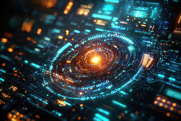 Poster - Abstract digital artwork depicting a futuristic, glowing circular interface with vibrant orange and teal lights.