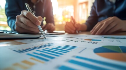 Poster - two business professionals collaborating over financial documents, engaging in detailed analysis and
