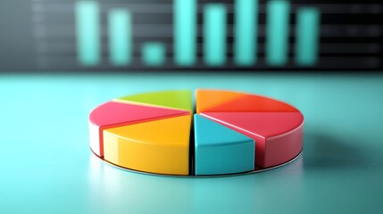 Poster - a colourful pie chart with six segments sits on a light blue surface, with a blurred background of t