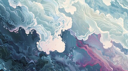 Poster - Abstract Digital Artwork Depicting Waves In shades Of Blue White And Pink With Textured Appearance