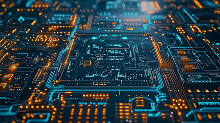 Poster - Abstract Circuit Board Pattern With Glowing Lines And Orange And Blue Colors