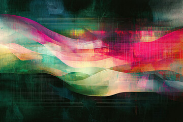 Aufkleber - Abstract artwork featuring layered, wavy forms in vibrant pink, green, and beige hues on a dark background.