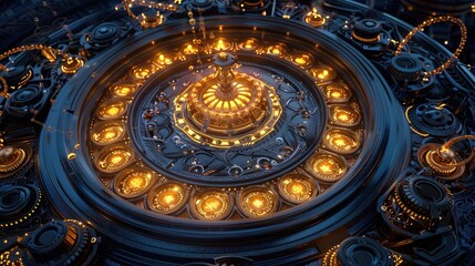 Poster - Illuminated mechanical structure futuristic setting digital art high-tech environment top-down view innovation concept