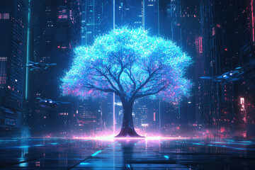 Aufkleber - A luminous blue tree stands in a futuristic city at night, with flying vehicles overhead.