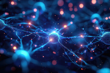 Poster - Microscopic view of interconnected neurons, synapses firing, neural network, brain cells communication.