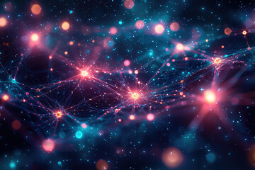 Poster - Abstract cosmic network visualization; interconnected nodes and glowing energy streams in a dark space.