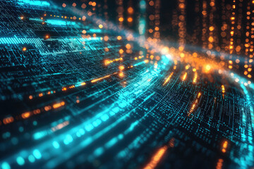 Poster - Abstract digital data stream visualization with glowing blue and orange particles flowing across a dark background.