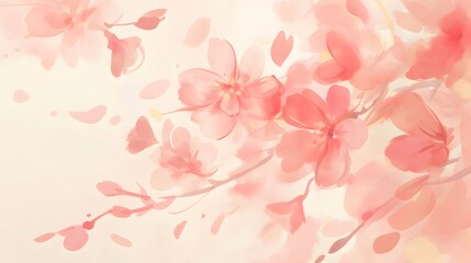  Watercolor Painting Of Pink Cherry Blossoms And Floating Petals Against Softly Lit Background