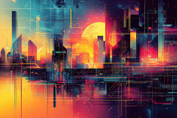 Aufkleber - Futuristic cityscape at sunset, vibrant colors and technological overlay, digital art.