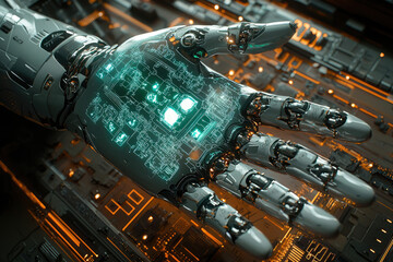 Poster - A robotic hand with glowing circuitry rests on a circuit board, showcasing advanced technology and intricate design.