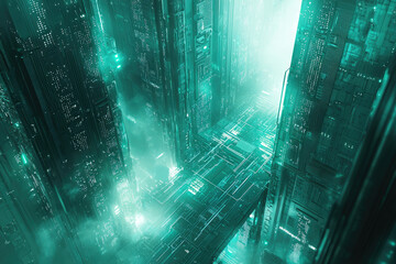 Poster - A futuristic city built like a circuit board, glowing teal, with tall buildings and a hazy atmosphere.