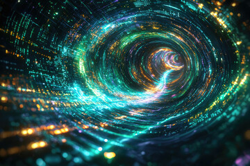 Poster - A swirling vortex of vibrant lights and data streams, resembling a digital tunnel or wormhole.