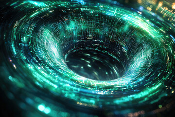 Poster - Abstract swirling vortex of teal data streams, resembling a digital black hole or wormhole.