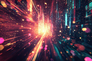 Poster - A vibrant, futuristic cityscape explodes with light and energy, radiating from a central point.