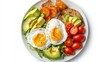 © quietmind_art - Delicious breakfast plate with avocado, poached eggs, and cherry tomatoes.