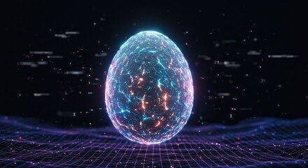 Poster - Digital Egg Shaped Sphere Glowing With Particles Against Dark Background Showcasing Futuristic Data Visualization