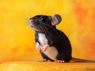 Poster - Cute black domestic rat with bright eyes posed on orange background showcasing its curious nature : Generative AI