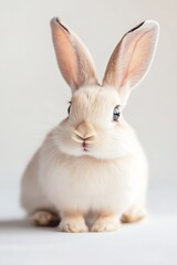 Poster - Charming white rabbit with fluffy fur and expressive eyes sitting calmly against a light background : Generative AI