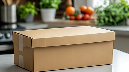 Poster - A cardboard box on a kitchen counter ready for storage or packaging : Generative AI