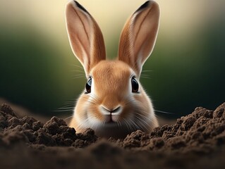 Poster - Cute brown rabbit peeking out of the ground surrounded by soft earth and greenery in the background : Generative AI