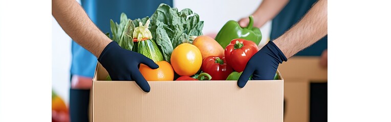 Poster - Fresh organic vegetables and fruits delivered in a cardboard box by gloved hands for healthy living : Generative AI