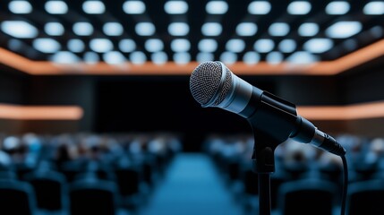 Poster - Close-up of a microphone positioned in front of an audience, enhancing the atmosphere of a formal presentation or lecture setting : Generative AI