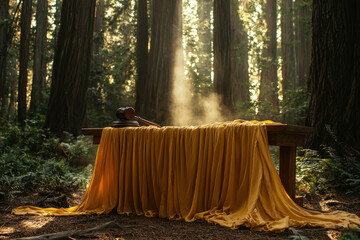 Aufkleber - Gavel on draped table in sunlit redwood forest; evokes themes of justice, nature, and mystery.
