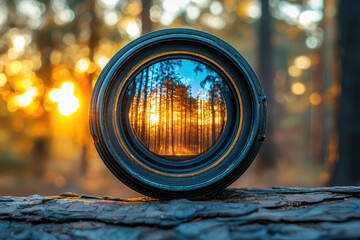Poster - Camera lens reflecting a breathtaking sunset scene in a forest, capturing nature's beauty.