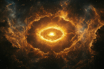 Poster - A mesmerizing cosmic nebula with vibrant gold and orange hues, radiating intense energy from its core.