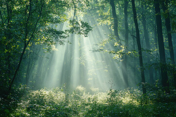 Aufkleber - Sunbeams pierce a misty green forest, illuminating the lush undergrowth and creating a magical, serene atmosphere.