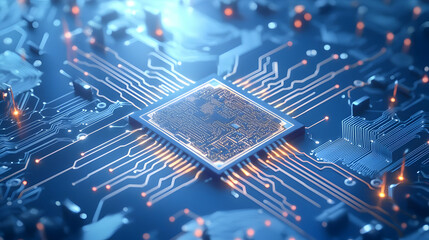 Poster - Close Up High Tech Circuit Board With Glowing Microprocessor