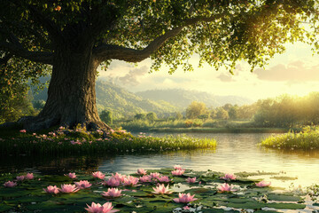 Poster - Serene landscape painting featuring a majestic oak tree by a tranquil lake, adorned with pink water lilies under a soft sunset.