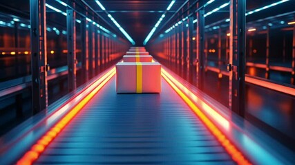 Poster - Package moving on conveyor belt in futuristic warehouse